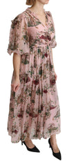 Dolce & Gabbana Maxikleid aus Seide, A-Linie, mit pinkem Bengalkatzen-Print