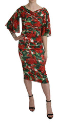 Dolce & Gabbana rotes florales Etuikleid aus Seidenstretch, mittellang