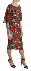 Dolce & Gabbana rotes florales Etuikleid aus Seidenstretch, mittellang