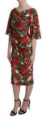 Dolce & Gabbana rotes florales Etuikleid aus Seidenstretch, mittellang