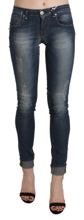 Acht blauwgewassen laag getailleerde skinny cropped spijkerbroek