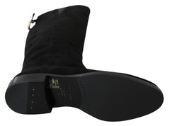 Dolce & Gabbana Schwarze kniehohe flache Stiefel aus Wildleder