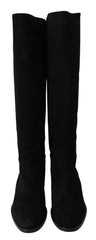 Dolce & Gabbana Schwarze kniehohe flache Stiefel aus Wildleder