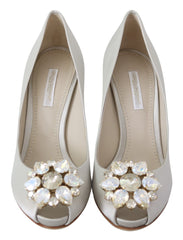 Dolce & Gabbana Weiße Kristalle Peep Toe High Heels Satin Pumps Schuhe