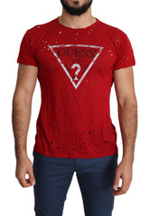 Guess Rood Katoen Logo Print Heren Casual Top Geperforeerd T-shirt