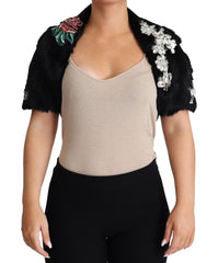 Dolce & Gabbana Schwarzer Mantel aus Kaninchenfell mit Kristallen und Pailletten