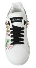 Dolce & Gabbana Weiße Leder Kristall Rosen Blumen Sneakers Schuhe