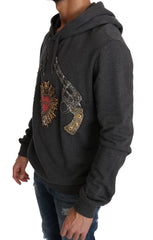 Dolce & Gabbana Grauer Kapuzenpullover mit rotem Kristallherz und Gewehr