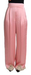 Dolce & Gabbana Pinkfarbene Seidensatinhose mit Spitzenbesatz und weitem Bein