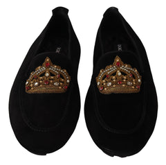 Dolce & Gabbana Schwarze Leder Crystal Gold-Kronen Slipper Schuhe
