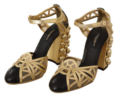 Dolce & Gabbana Schwarze goldene Leder-Riemchensandaletten mit Nieten