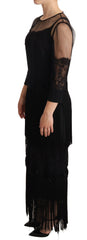 Dolce & Gabbana Schwarzes transparentes Maxi-Kleid aus floraler Spitze mit Kristallen