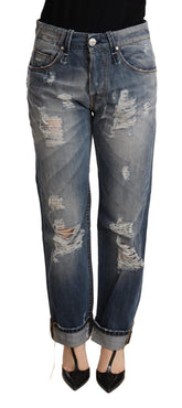 Acht blauwe gehavende mid waist rechte denim broek