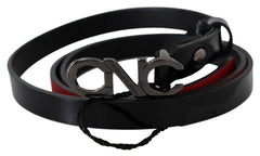 Costume National Schwarzer schmaler Ledergürtel mit Logo-Schnalle