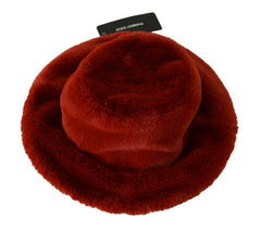 Dolce & Gabbana Roter bordeauxfarbener Pelz-Fischerhut mit breiter Krempe