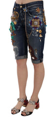 Dolce & Gabbana Blaue Jeans Capri-Shorts mit mittlerer Taille und Kristallen