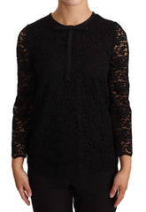 Dolce & Gabbana Schwarze Bluse aus Nylon mit Blumenstickerei und Spitze