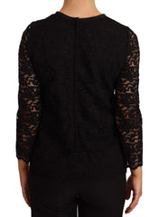 Dolce & Gabbana Schwarze Bluse aus Nylon mit Blumenstickerei und Spitze