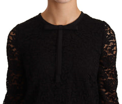 Dolce & Gabbana Schwarze Bluse aus Nylon mit Blumenstickerei und Spitze