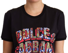 Dolce & Gabbana Schwarzes Baumwoll-T-Shirt mit großem Print und Rundhalsausschnitt
