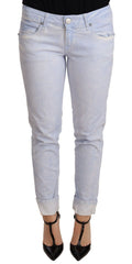 Acht Hellblaue Baumwoll-Denim-Röhrenjeans für Damen mit umgeschlagenem Saum