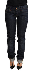 Acht dunkelblaue Jeans aus Baumwolle für Damen, schmal geschnitten, mit umgeschlagenem Saum