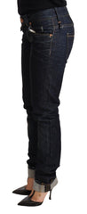 Acht dunkelblaue Jeans aus Baumwolle für Damen, schmal geschnitten, mit umgeschlagenem Saum
