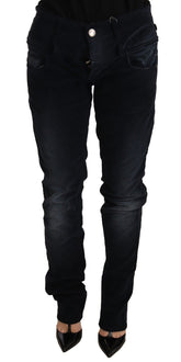 Acht Blue Washed Katoenen Denim Lage Taille Losvallende Broek Jeans