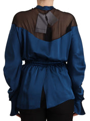 Masha Ma Blue Silk Long Sleeves Elastic Waist Top Blouse