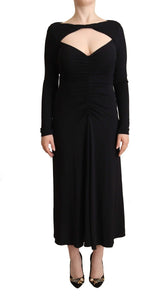PINKO Schwarzes Nylon Stretch Maxikleid mit langen Ärmeln und tiefem V-Ausschnitt