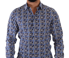 Dolce & Gabbana Blaues Logo Mania Hemd aus Baumwolle mit schmaler Passform