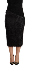 Masha Ma Schwarzer Lametta High-Waist Bleistift-Midi-Viskoserock