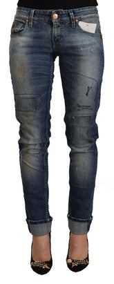 Acht Blue Wassen Lage Taille Opgevouwen Zoom Slim Fit Jeans