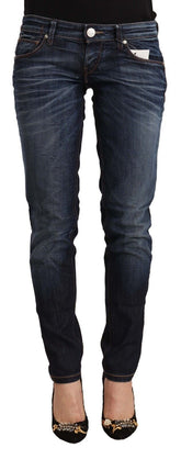 Acht blauw gewassen katoenen skinny jeans met lage taille