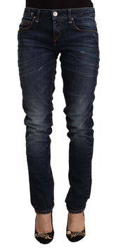 Acht blauwe washed katoenen skinny spijkerbroek met middelhoge taille