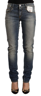 Acht Blue Washed Cotton Mid Waist Skinny Jeans