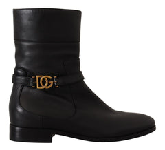 Dolce & Gabbana Schwarze Leder Flats Logo Kurze Stiefel Schuhe