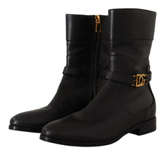 Dolce & Gabbana Schwarze Leder Flats Logo Kurze Stiefel Schuhe