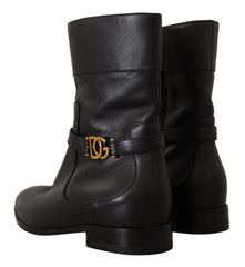 Dolce & Gabbana Schwarze Leder Flats Logo Kurze Stiefel Schuhe