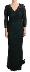 Dolce & Gabbana Green Floral Lace Maxi Floor Length Dress