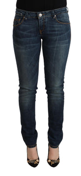 Acht Blauw Gewassen Katoenen Slim Fit Low Waist Jeans