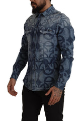 Dolce & Gabbana Blau Denim Stretch DG Logo Casual Herren Slim Hemd