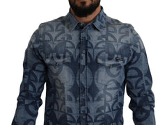 Dolce & Gabbana Blau Denim Stretch DG Logo Casual Herren Slim Hemd