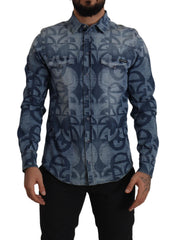 Dolce & Gabbana Blau Denim Stretch DG Logo Casual Herren Slim Hemd