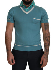 Dolce & Gabbana Blaues Seiden-Polo-Top Herren V-Ausschnitt T-Shirt