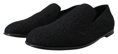 Dolce & Gabbana Schwarze Slipper Loafers Schuhe mit Blumenmuster-Jacquard