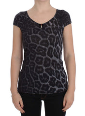 Cavalli Grau Leopard Modal T-Shirt Blusen-Top