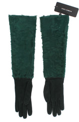 Dolce & Gabbana Grüne Leder-Xiangao-Fell-Ellenbeugen-Handschuhe