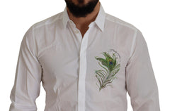 Dolce & Gabbana Weißes Baumwollhemd mit Pfauenfeder-Stickerei und GOLD-Details