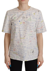 Dolce & Gabbana Weißes Baumwoll-Top mit Algebra-Print und kurzen Ärmeln